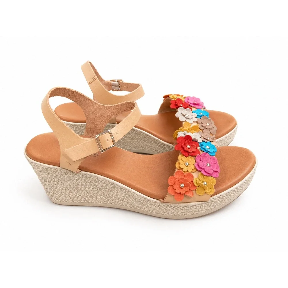 Floral Applique Espadrille Wedge Sandals Tan Multi Color Boho Flower Strappy 7